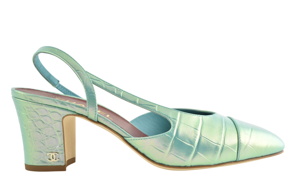Chanel 26K Green Iridescent Crocodile Croc Coco Slingback Block Heel Pump 38.5
